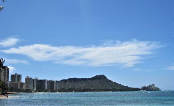 The beautiful Waikiki Beach in Oahu, Hawaii, known for its pristine sands, crystal-clear waters, and vibrant culture.