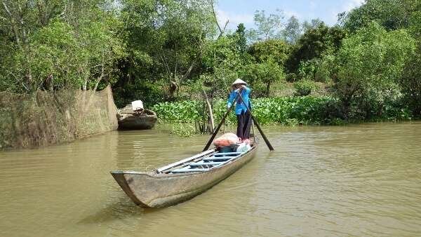 A traditional sampan boat cruise through the lush Mekong Delta, offering a serene and cultural experience.