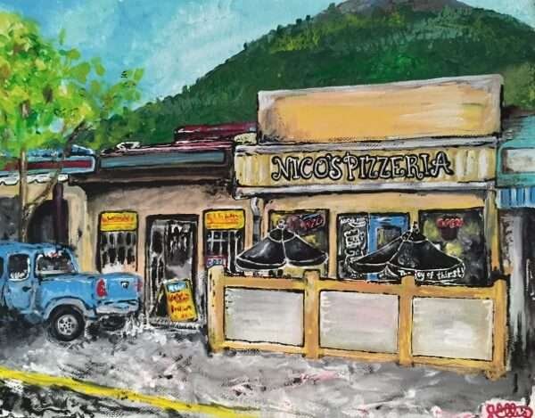 A painting of Nico’s Pizzeria, a local favorite in Revelstoke known for its delicious pizza.