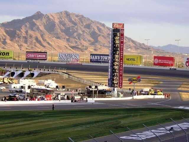 A stunning sunset view over the Las Vegas Motor Speedway, offering thrilling motorsport events.